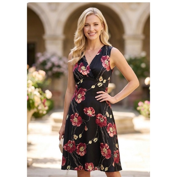 Tommy Bahama Dresses & Skirts - Tommy Bahama Silk Blend Floral Poppy V-Neck Sleeveless Midi Dress Black‎ 6
